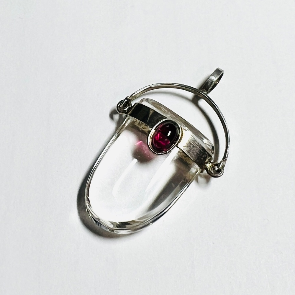 Crystal Quartz Pendant, Sterling Silver & Garnet Cabochon, Talisman, Boho - Picture 3 of 9